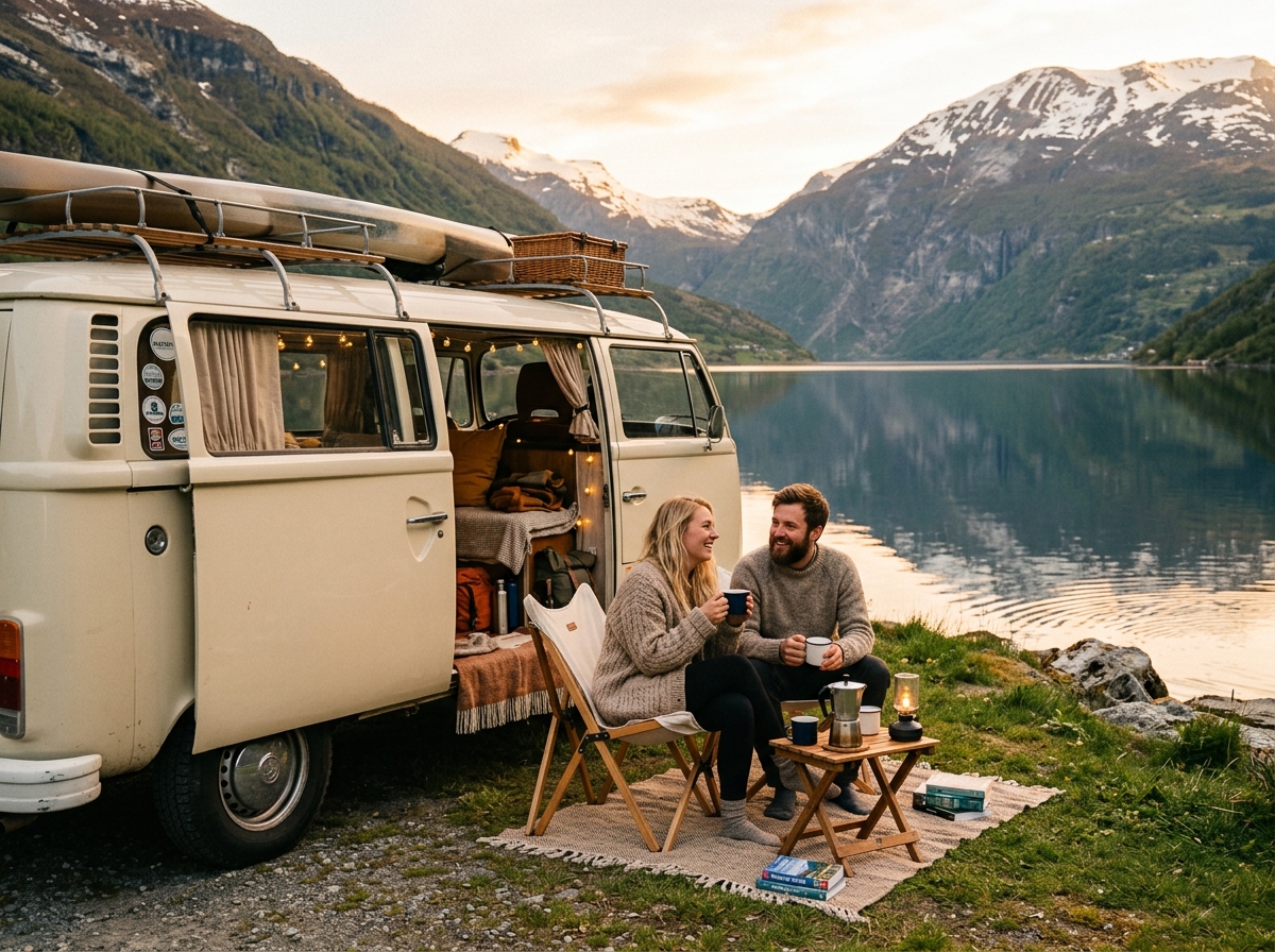 Lys bobil parkert ved en fjord med to personer i campingstoler