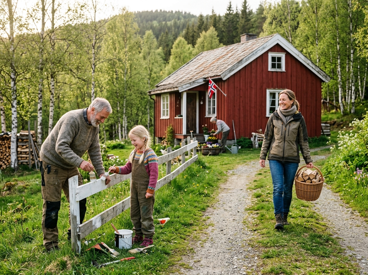 Tre generasjoner tar vårdugnad ved et rødt sommerhus