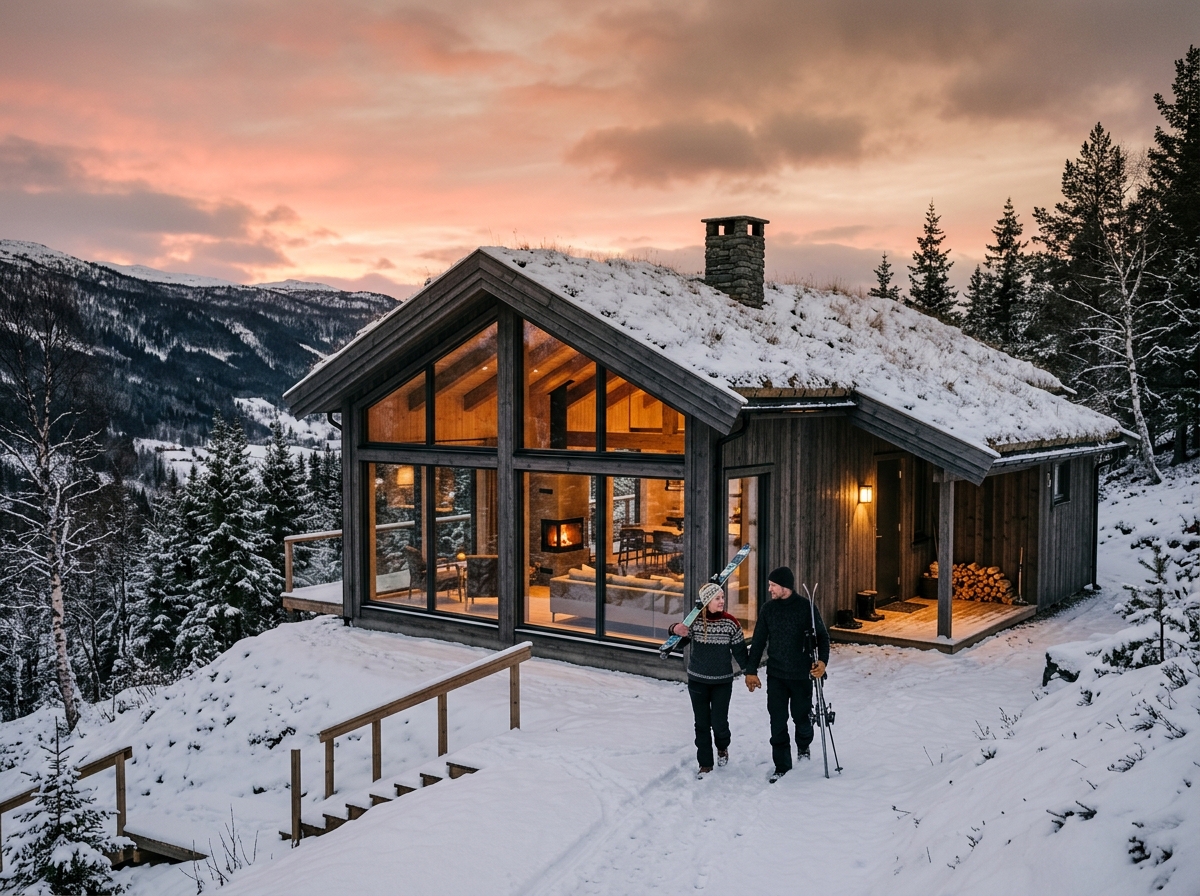 Moderne fjellhytte med lys i vinduene en vinterkveld på Hafjell