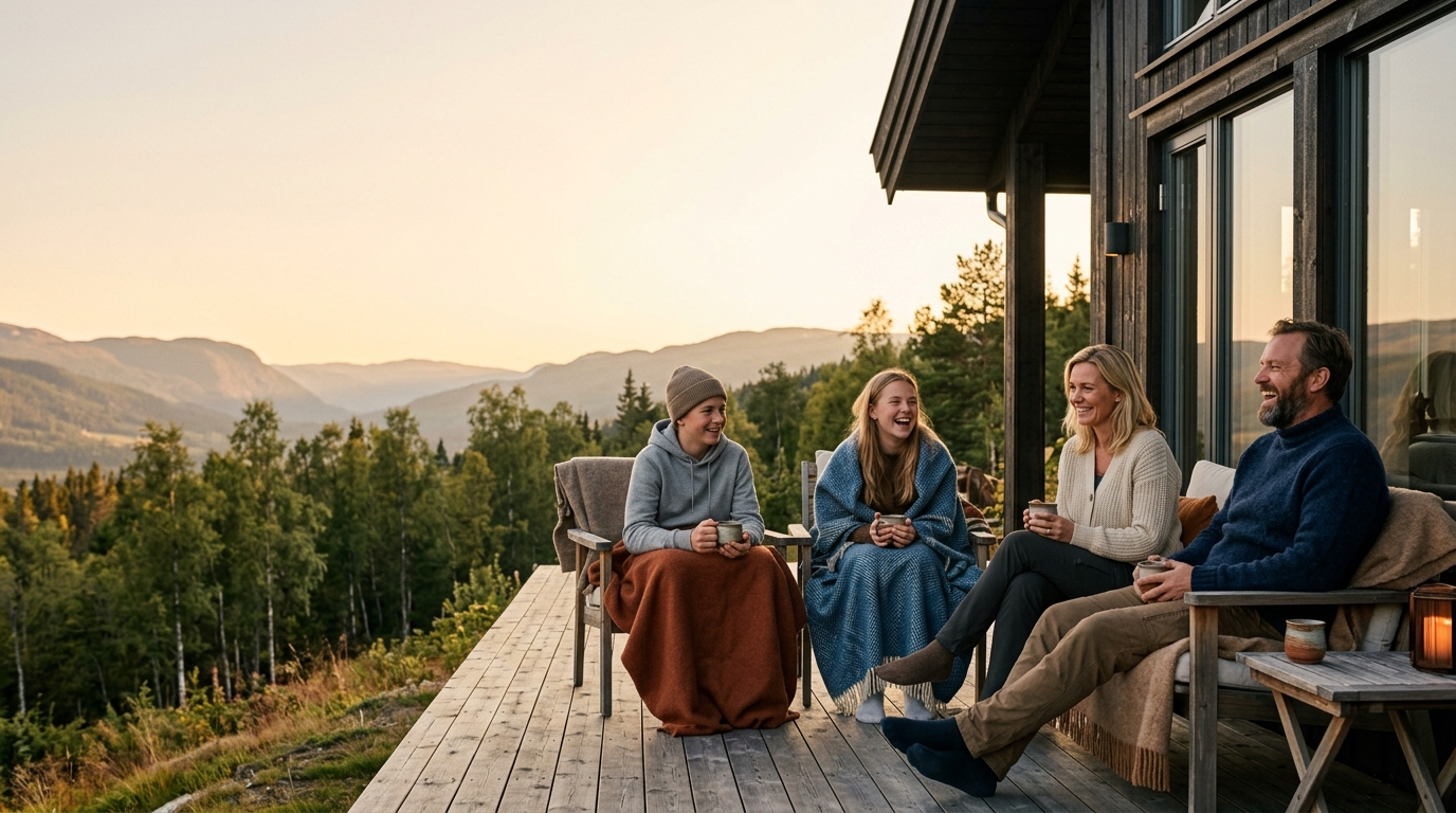 Familie som koser seg på terrassen utenfor en fjellhytte i kveldssol