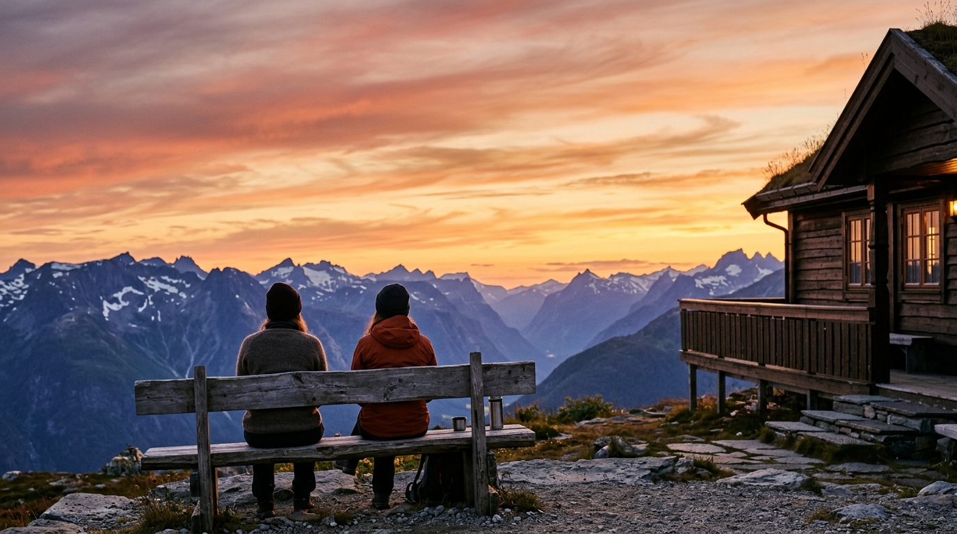 To venner på en benk utenfor hytta ser utover fjellene i kveldssol