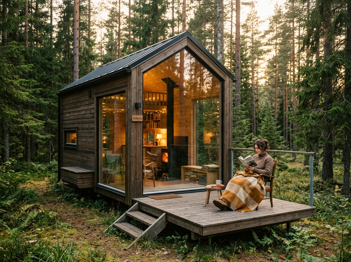 Kvinne leser på terrassen til et lite mikrohus i skogen
