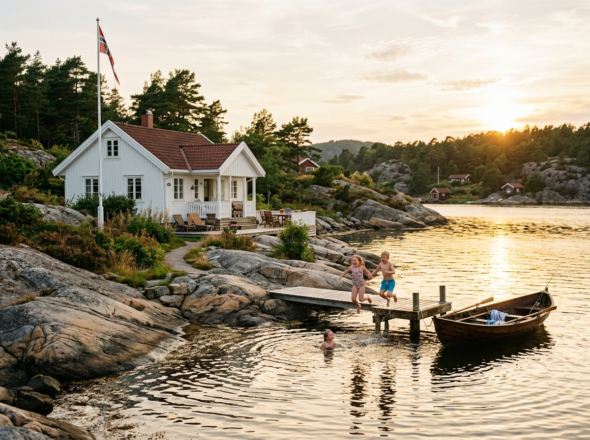 Hvitt sommerhus på svaberg med brygge og robåt ved sjøen